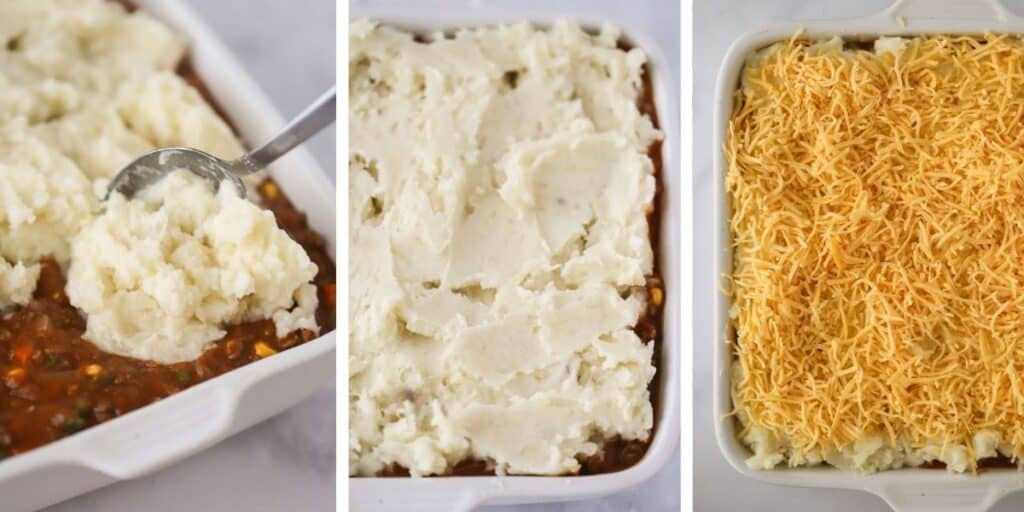 Topping this beef shepherd's pie recipe with mashed potatoes and shredded cheese.