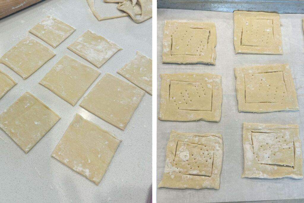 A baking sheet covered with parchment paper and puff pastry dough cut into squares with small cuts and fork marks to get them ready to fill.