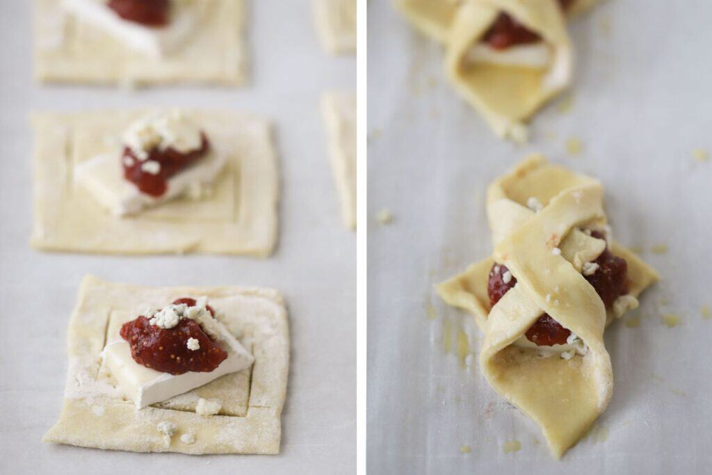 Puff pastry dough with brie and fig jam that has been folded over to make mini brie bite appetizers.