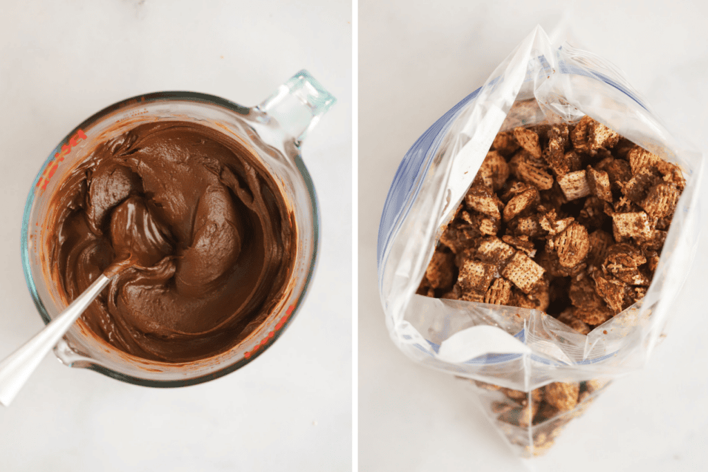 A large bowl full of melted chocolate and peanut butter with a wooden spoon.