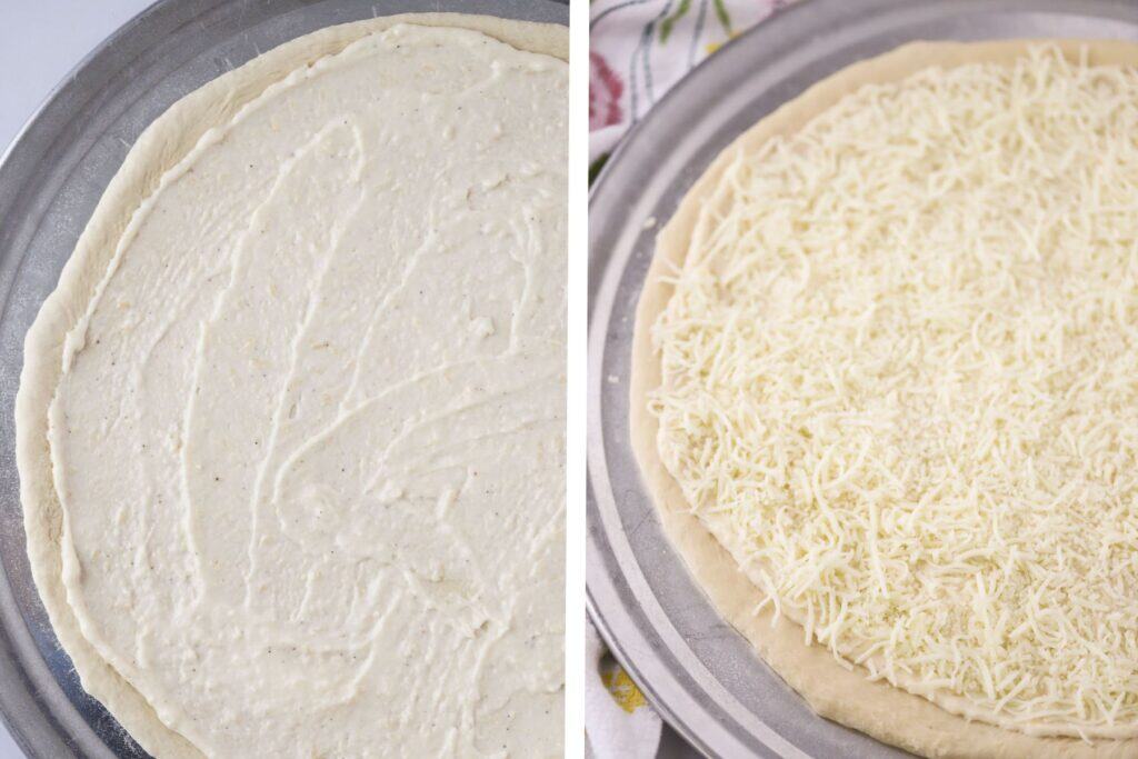 How to spread white pizza sauce and shredded mozzarella cheese over the top of stretched pizza dough.