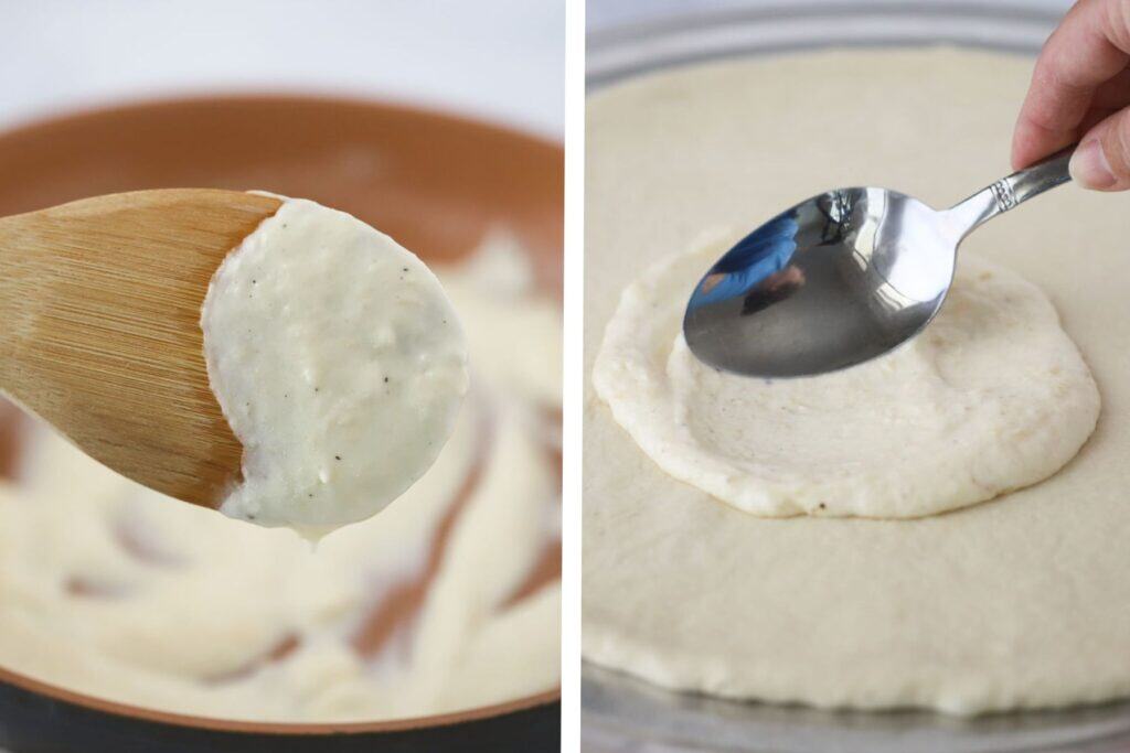 Spreading homemade white sauce on pizza.