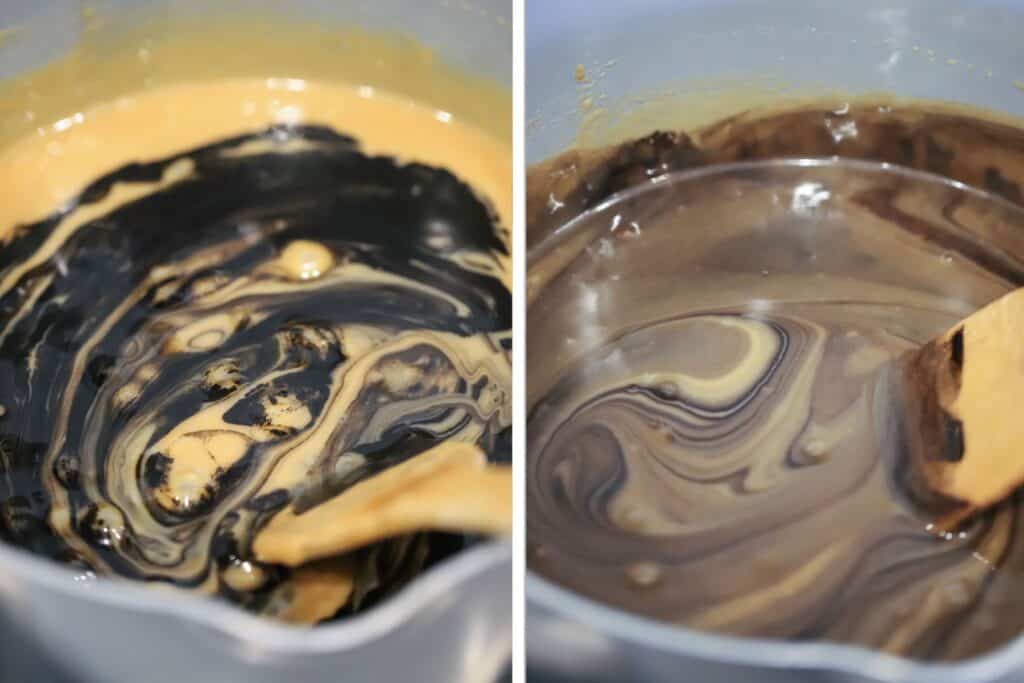 A bowl full of caramel with black licorice extract and black food coloring being mixed in.