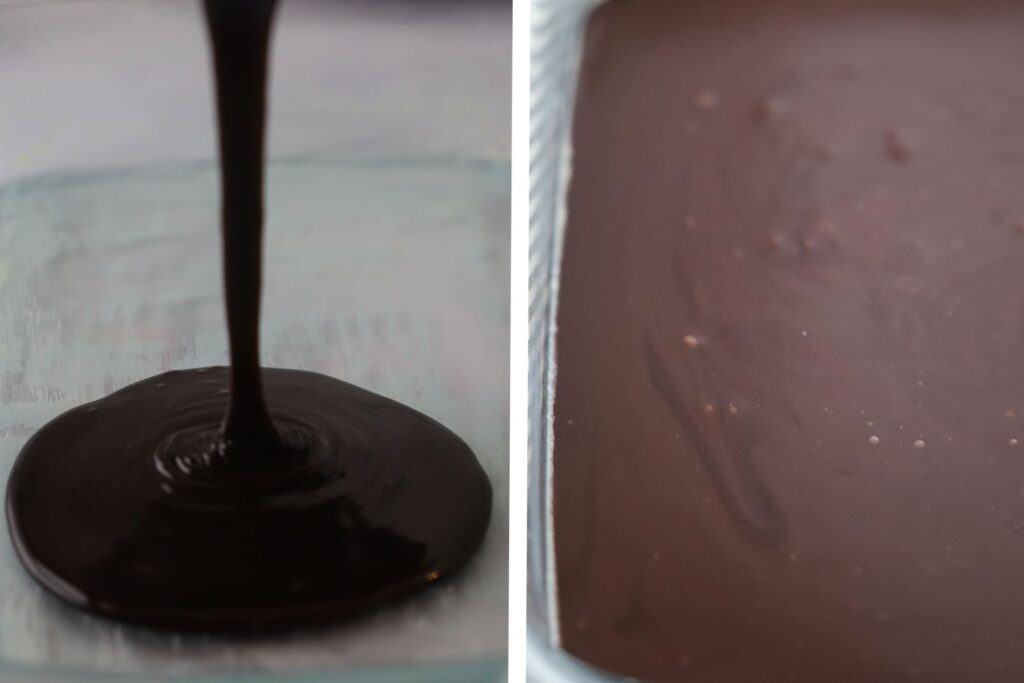 Black licorice caramel candy being poured into a prepared baking dish.