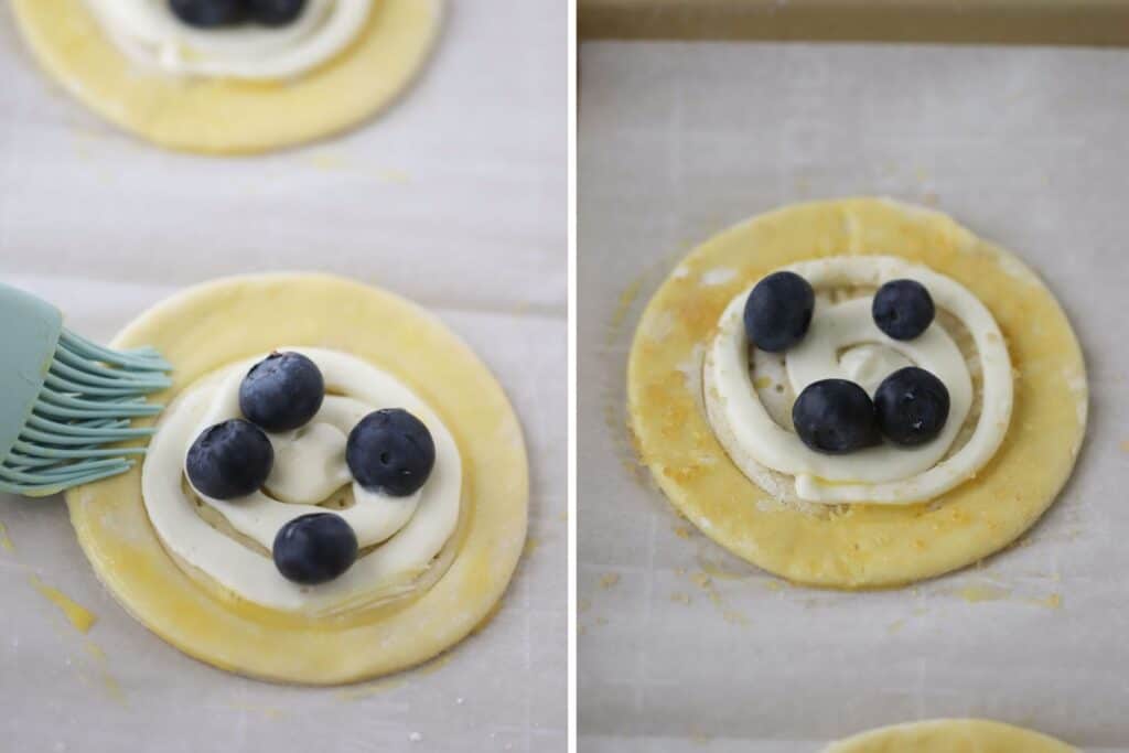 Brushing Danish dough with egg wash just before baking.