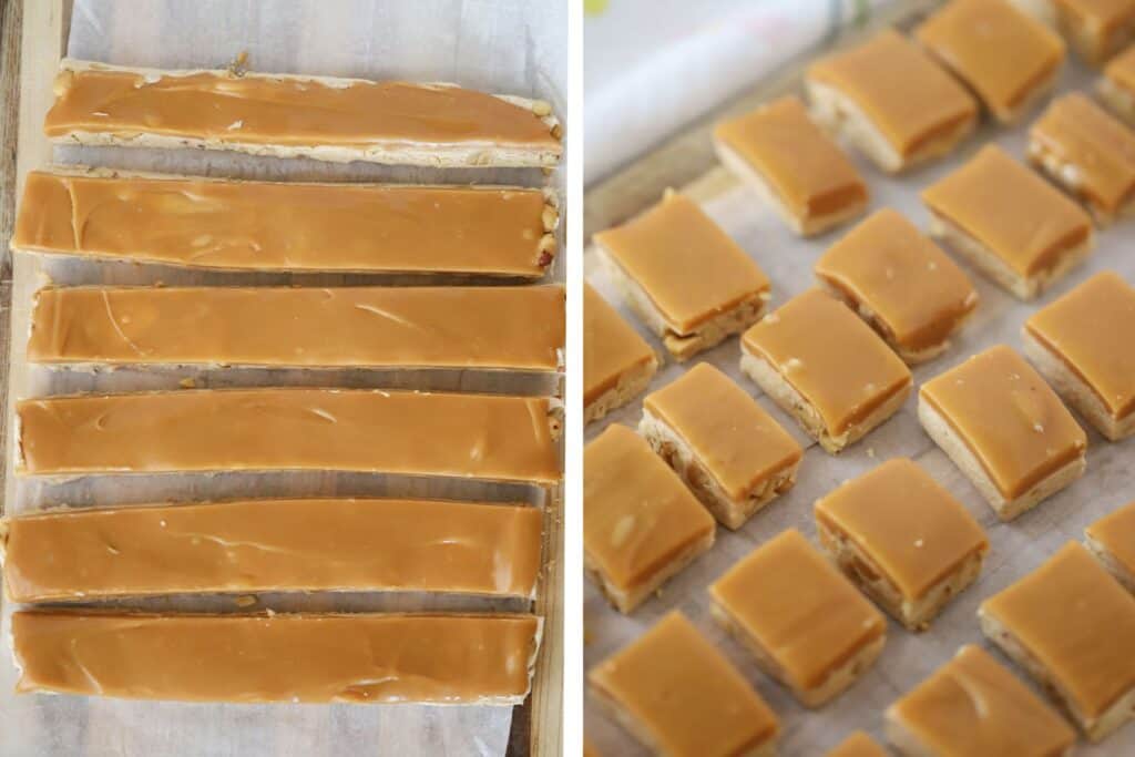 A sheet of Snickers candy bars being cut into smaller pieces.