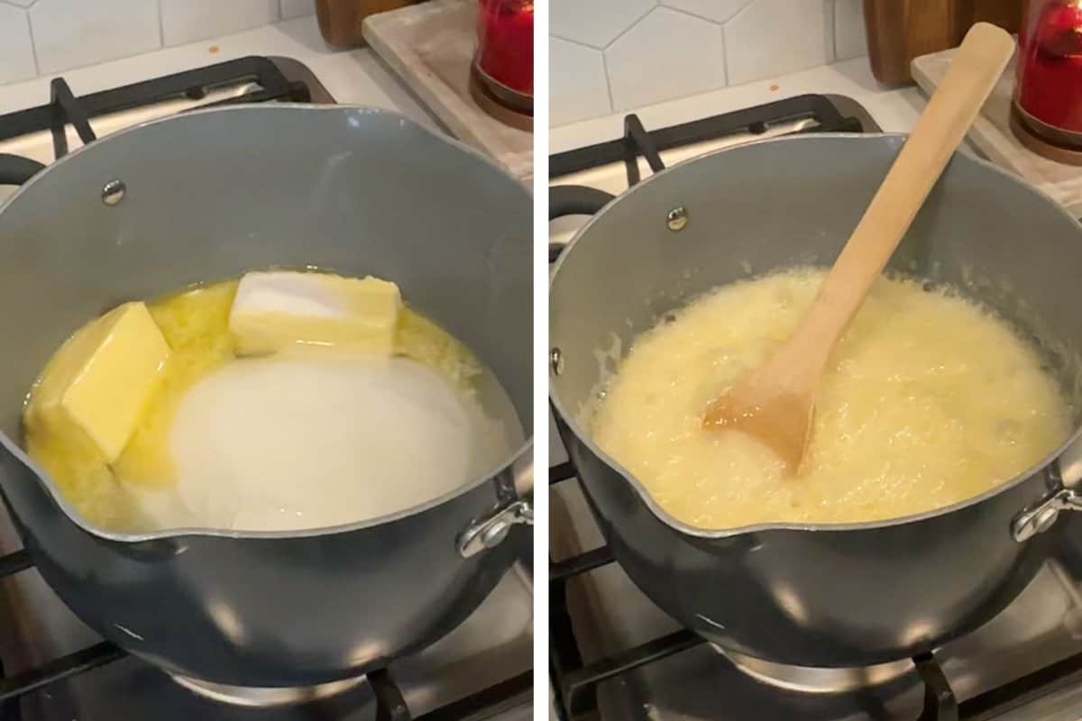 Boiling butter and sugar to create the sweet coating for the Grinch popcorn recipe, showing the initial stages of preparation.