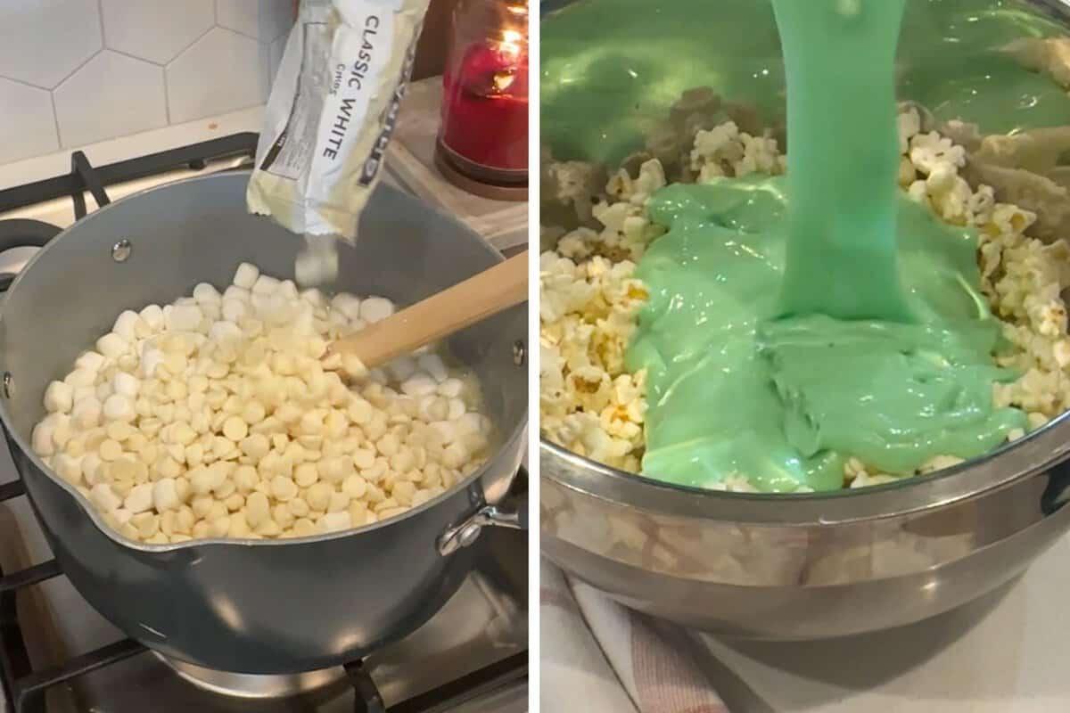 Adding green white chocolate and marshmallow mixture to freshly popped popcorn in a large bowl.