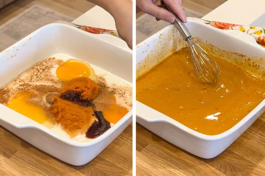 Whisking together pumpkin puree, eggs, brown sugar, and seasoning in a square baking dish for making French toast.