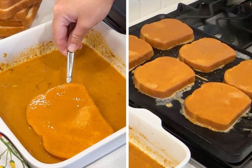 Dipping and cooking Pumpkin French toast on a hot skillet.