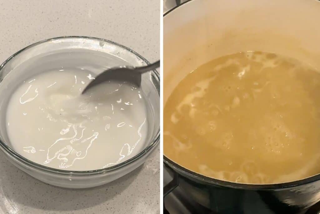 Flour and water in a bowl to add to melted butter in order to make a roux for this turkey gravy recipe.