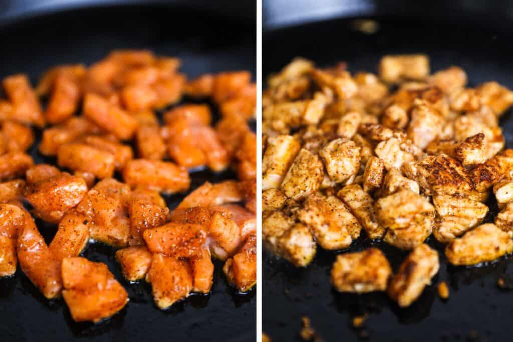 A cast iron skillet with small pieces of salmon cooking for salmon tacos.