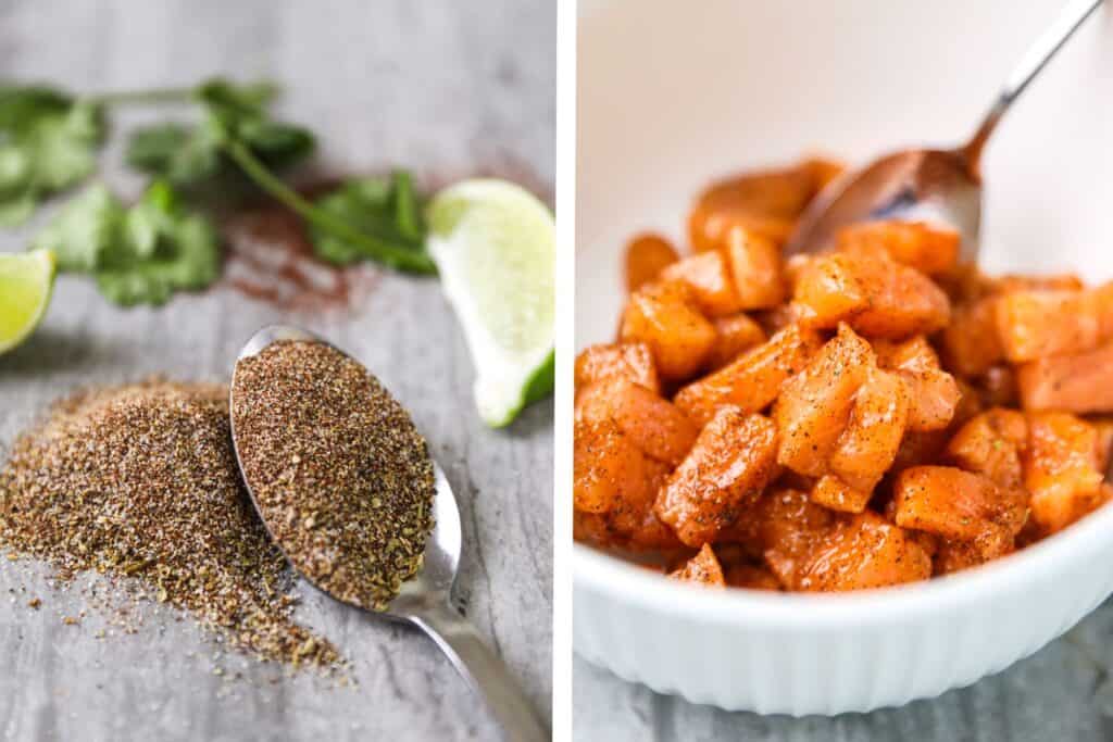 Blackened seasoning on a tabletop next to a bowl full of salmon pieces.