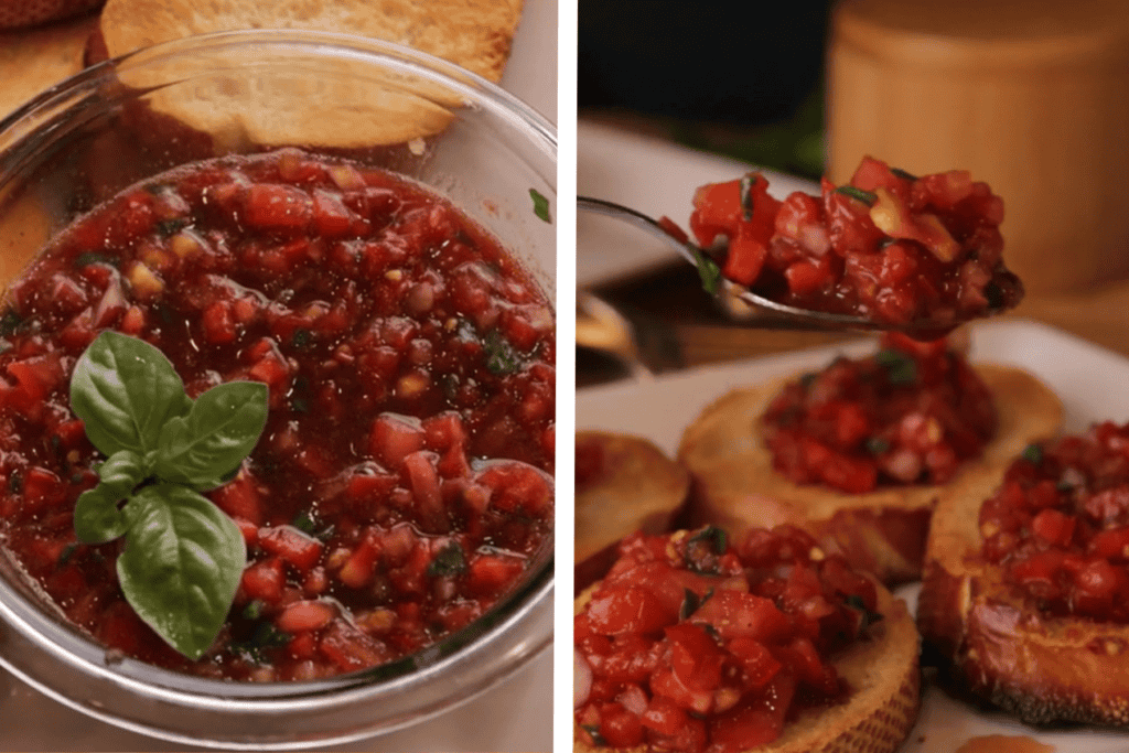 2 photos of the tomato bruschetta mixture in a bowl and also on a spoon, adding it to toasted garlic bread