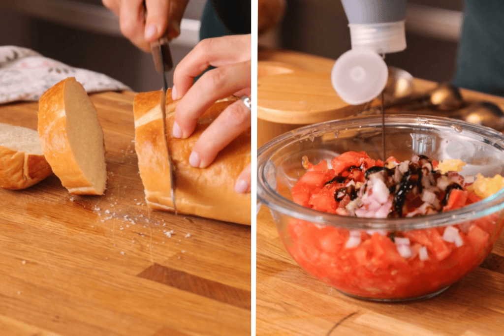 process shot of how to cut bread on a diagonal and how to make the tomato bruschetta mixture
