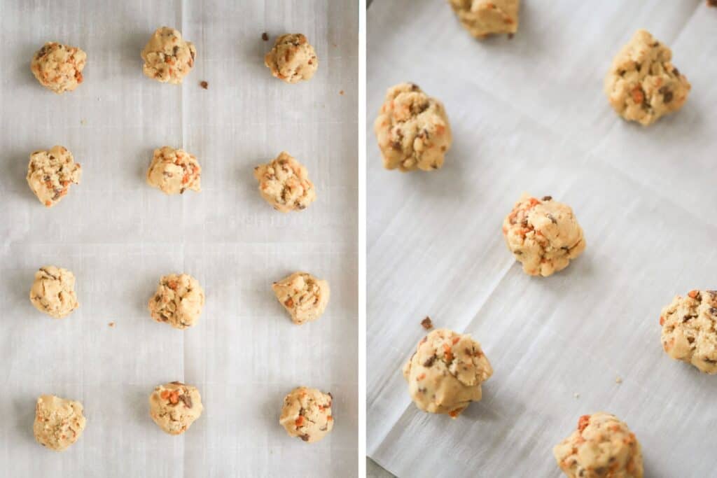 Butterfinger cookie dough balls on a parchment paper lined baking sheet ready to bake.