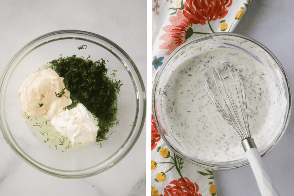 Whisking together fresh dill, mayo, sour cream, and pickle juice to make the dressing for pickle chicken salad.