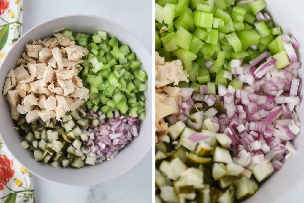 A bowl full of chopped ingredients for making chicken salad with pickles and pickle juice.