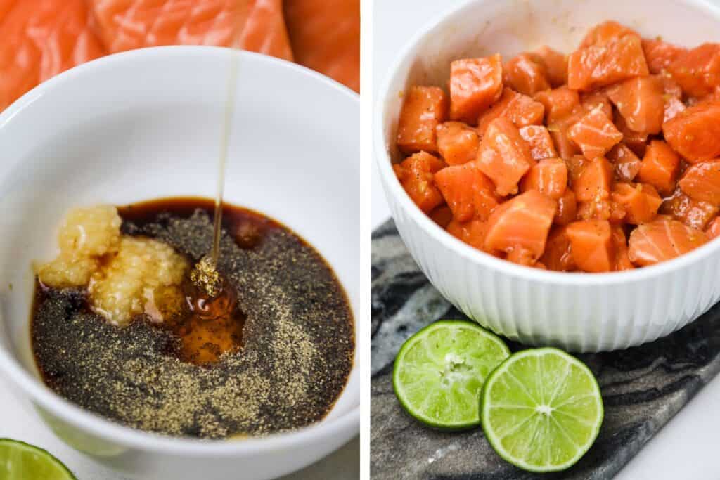 Honey garlic sauce being made in a bowl, then mixed with raw salmon pieces.