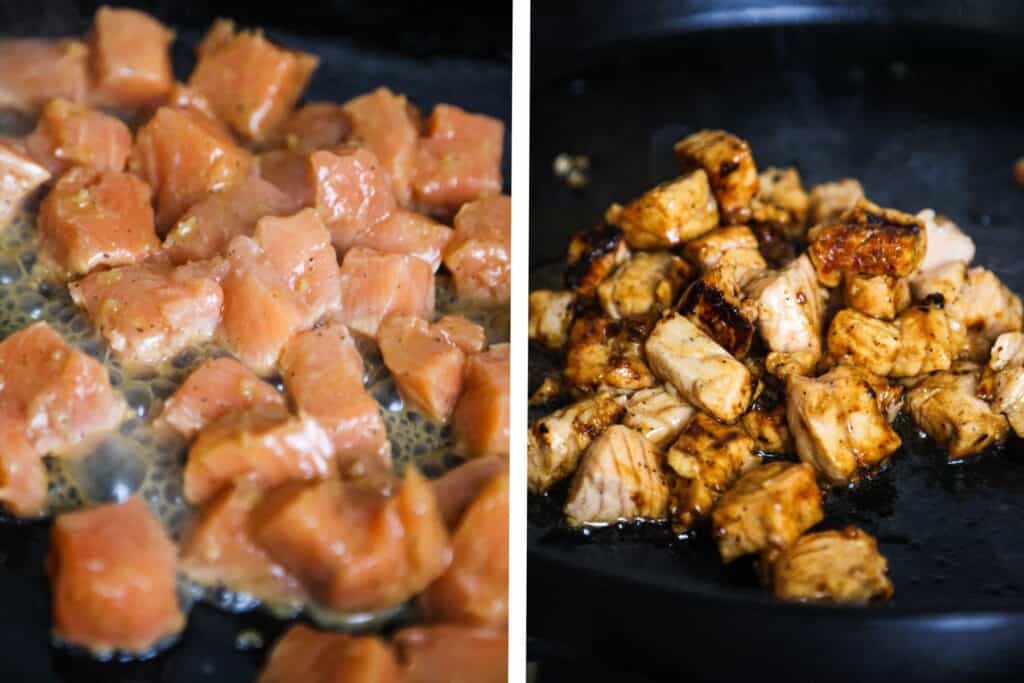 Honey garlic salmon being cooked on a cast iron skillet.