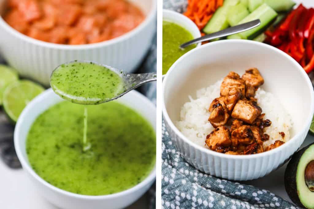 Cilantro lime sauce in a bowl beside this honey citrus salmon and rice bowl.