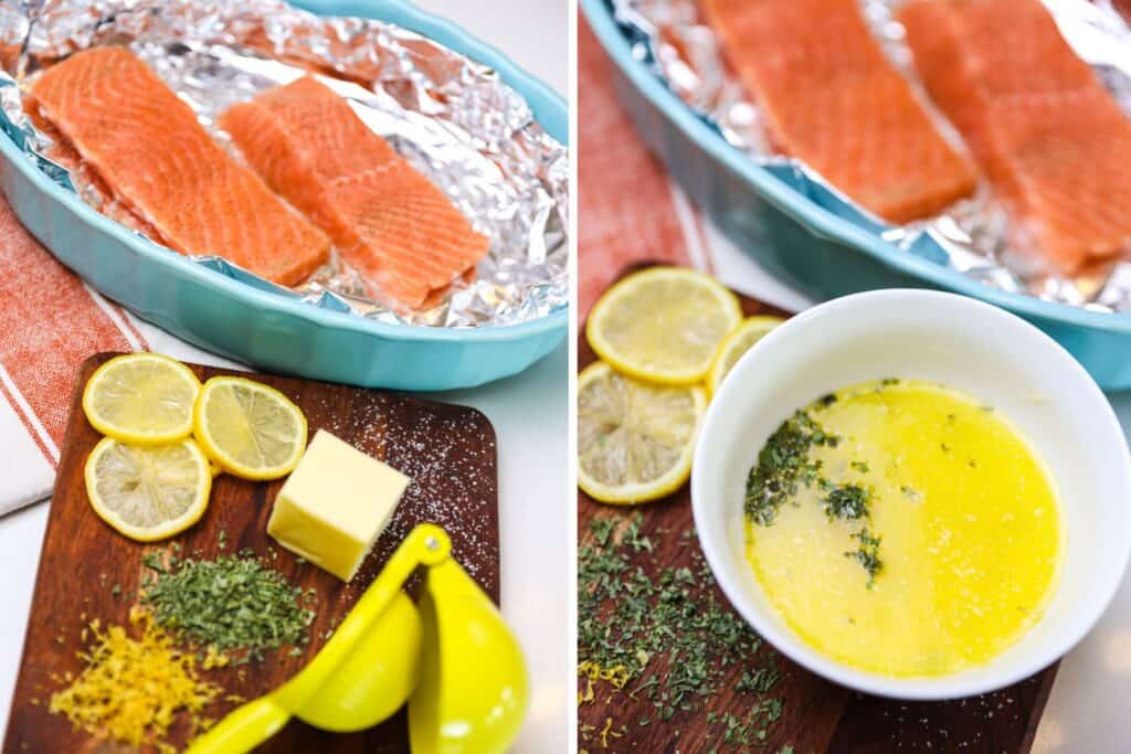 Preparing lemon and garlic butter to cook salmon with.