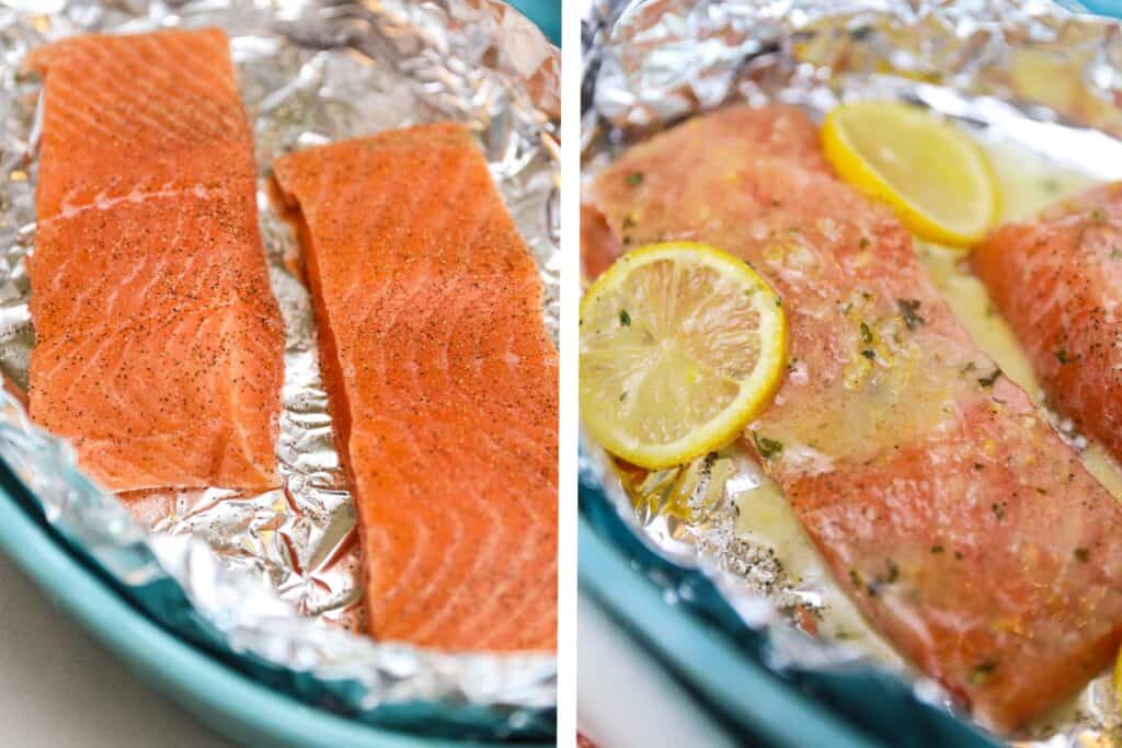 Raw salmon filets with salt and pepper topped with lemon and garlic butter.