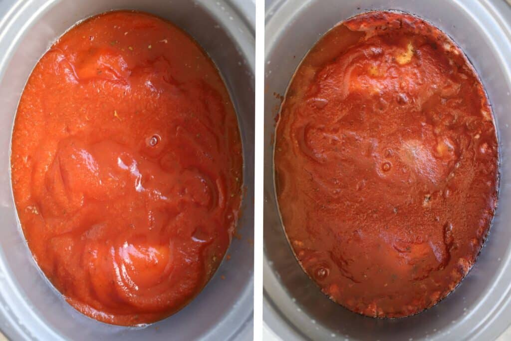A slow cooker filled with marinara sauce.