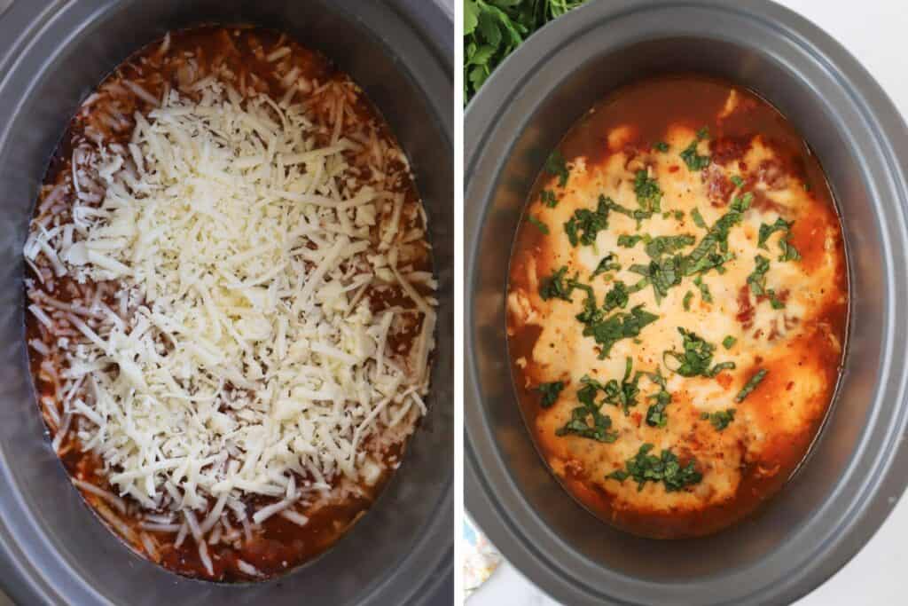 Making chicken Parmesan in a slow cooker by adding layers of chicken, marinara sauce, and cheese.
