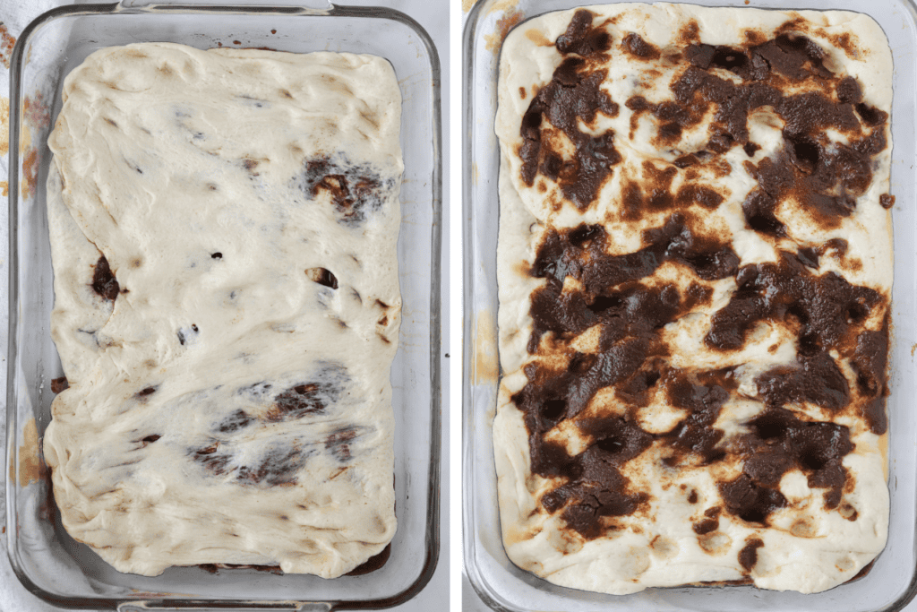 Focaccia dough after being folded and then covered with more cinnamon sugar filling.
