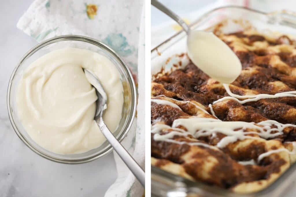 Icing in a bowl, being drizzled over the top of focaccia.