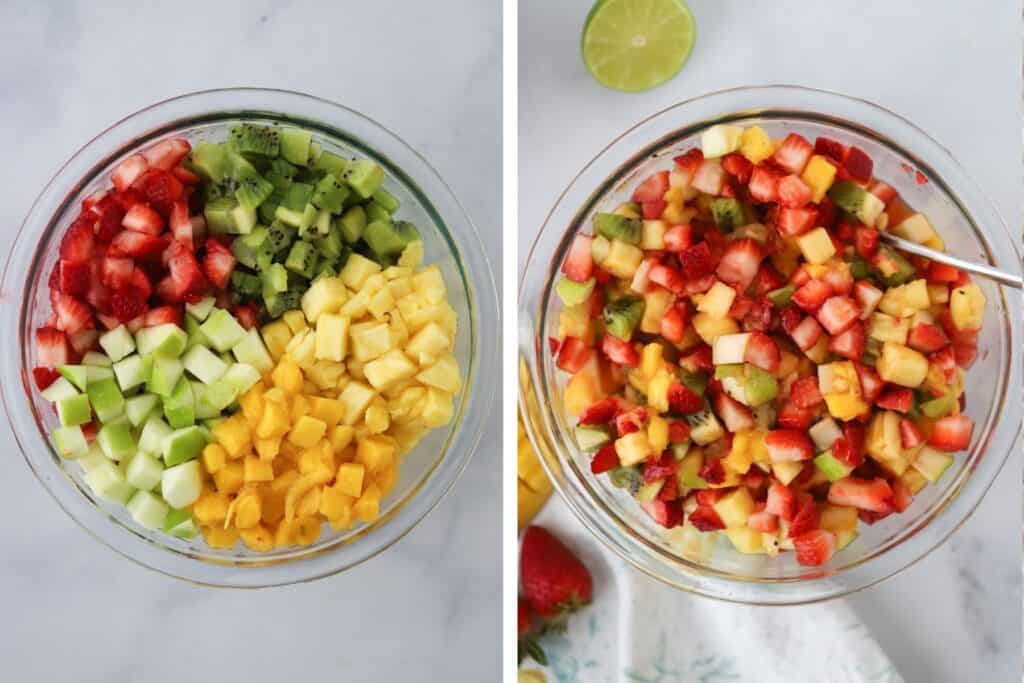 A bowl full of ingredients for making fruit salsa.