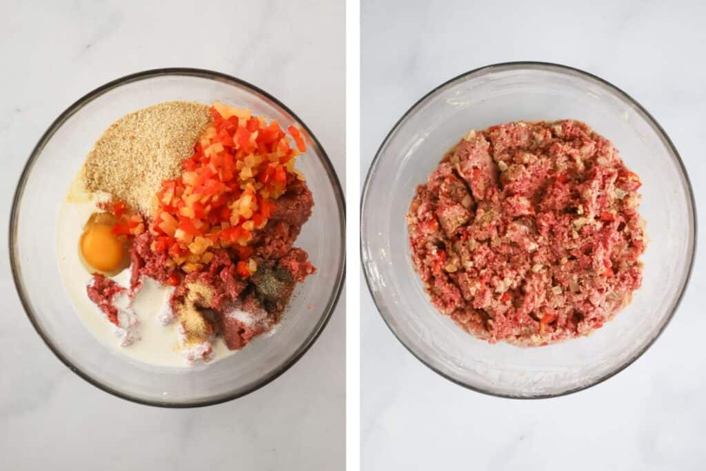 Mixing up the meat mixture for meatloaf.