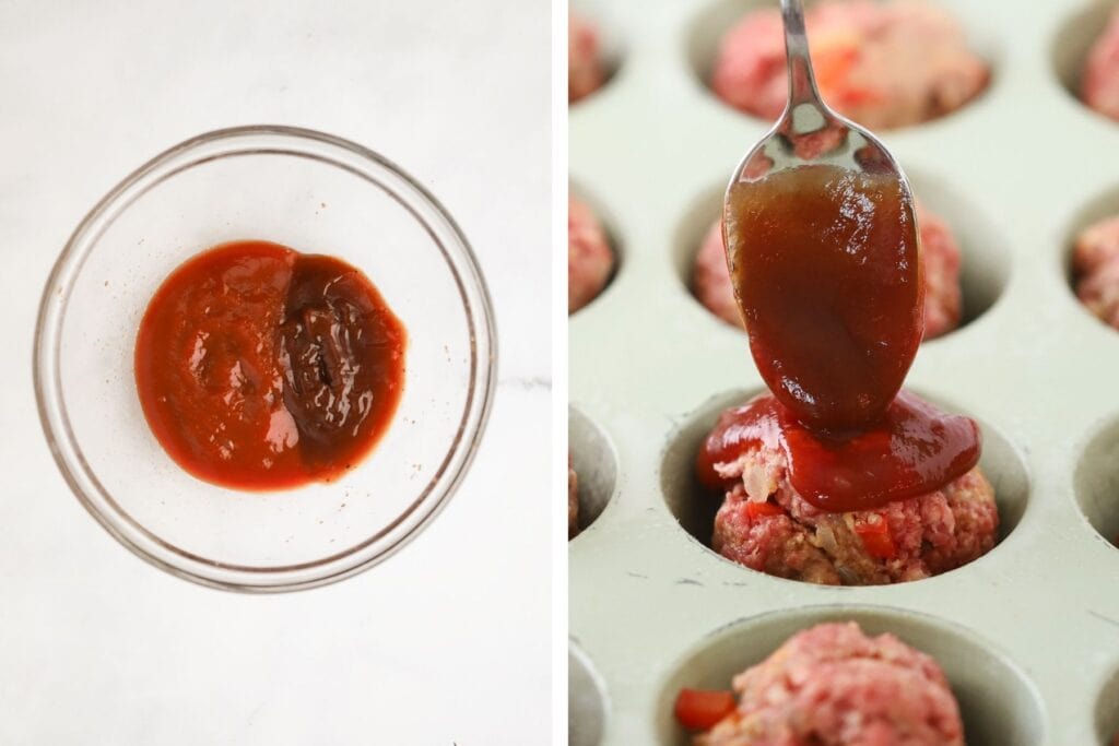 Spooning tomato sauce over. the tops of each meatloaf.