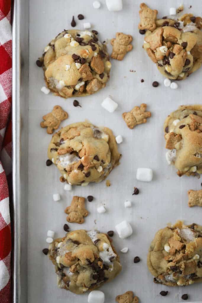 A baking sheet with rows of chocolate chip smores cookies.