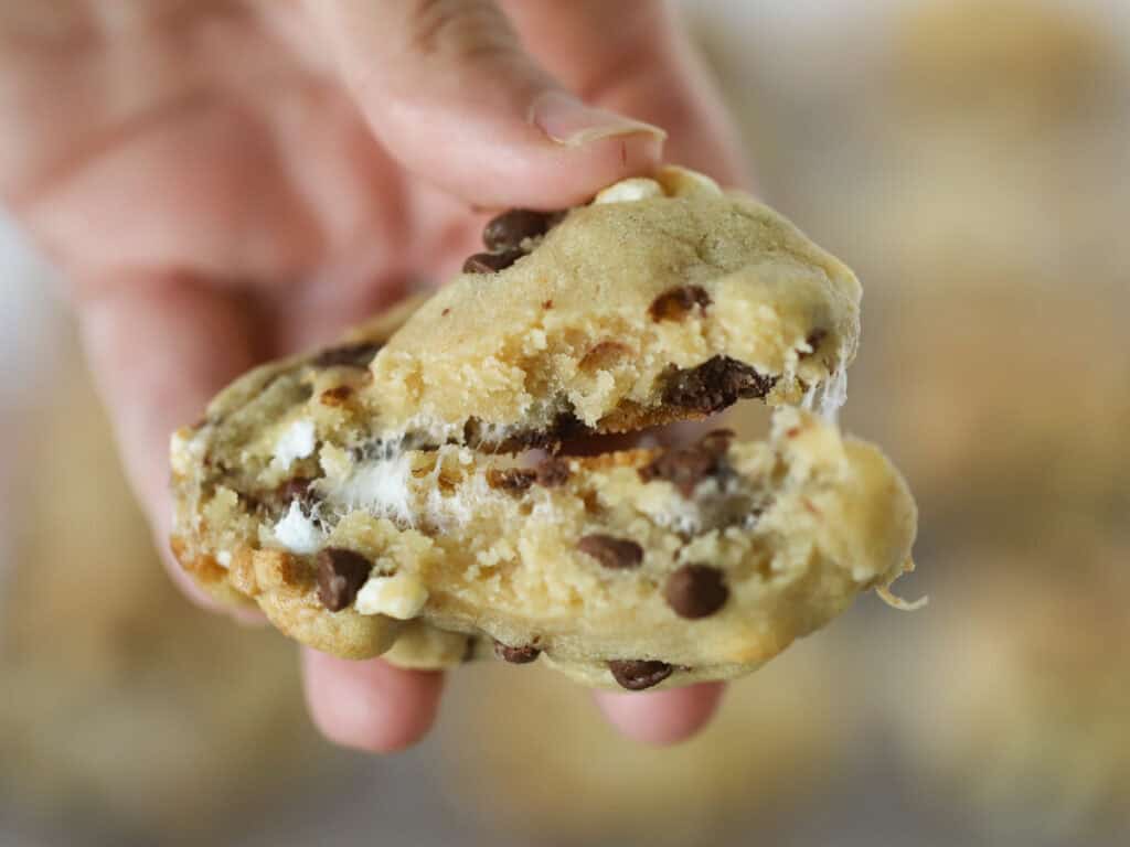 A hand holding a soft and chewy s'mores cookie.