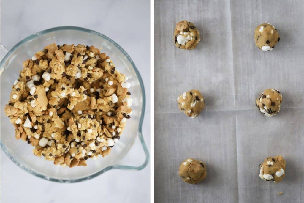 S'more cookie dough in a glass mixing bowl.