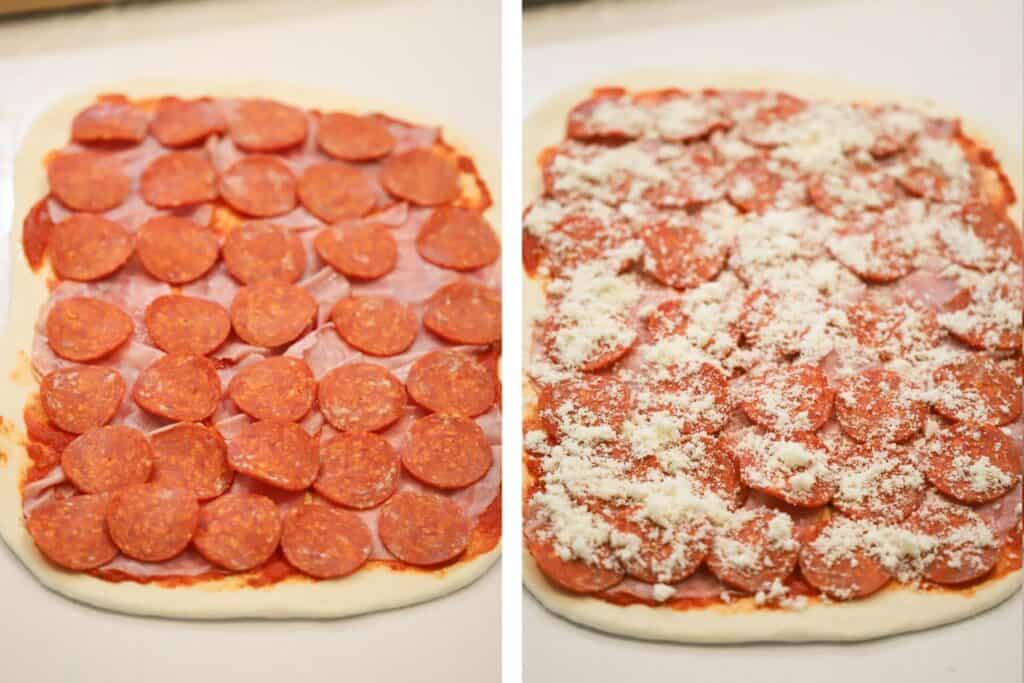 Adding pepperonis and Parmesan cheese across stromboli pizza dough.