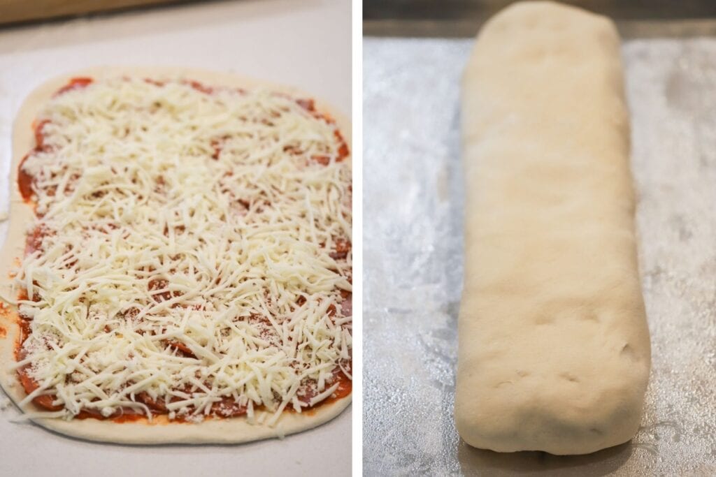Rolling up stromboli pizza, filled with sauce and cheese.
