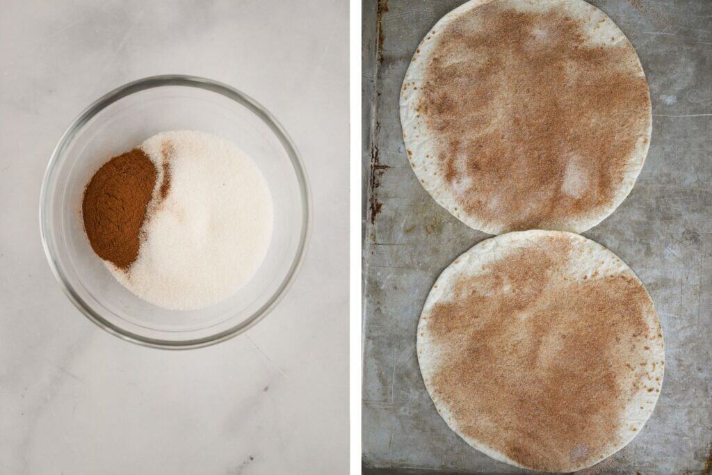 A small bowl full of cinnamon sugar next to tortillas covered with cinnamon sugar.