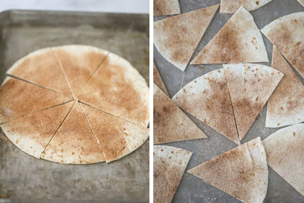 A flour tortilla covered with cinnamon sugar and cut into triangles, ready to bake and make cinnamon chips.