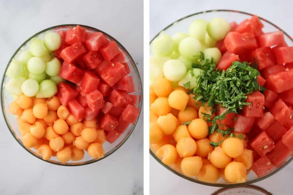 Fresh melon scooped in a glass bowl with fresh mint.