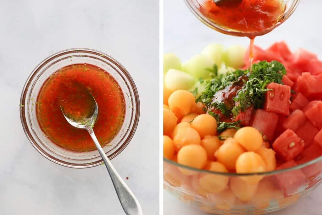 Drizzling strawberry and citrus glaze over fresh melon balls.
