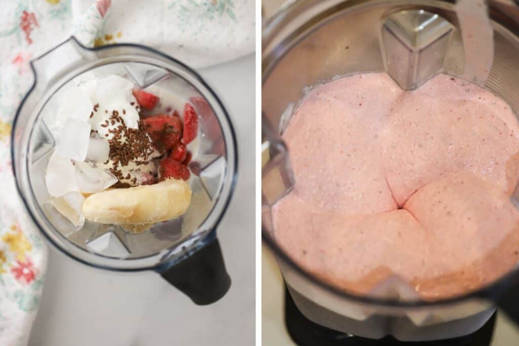 A blender blending up strawberries, banana, flax seeds, and milk.