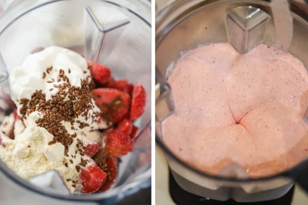 A blender filled with strawberries, flax seeds, protein powder, and milk.