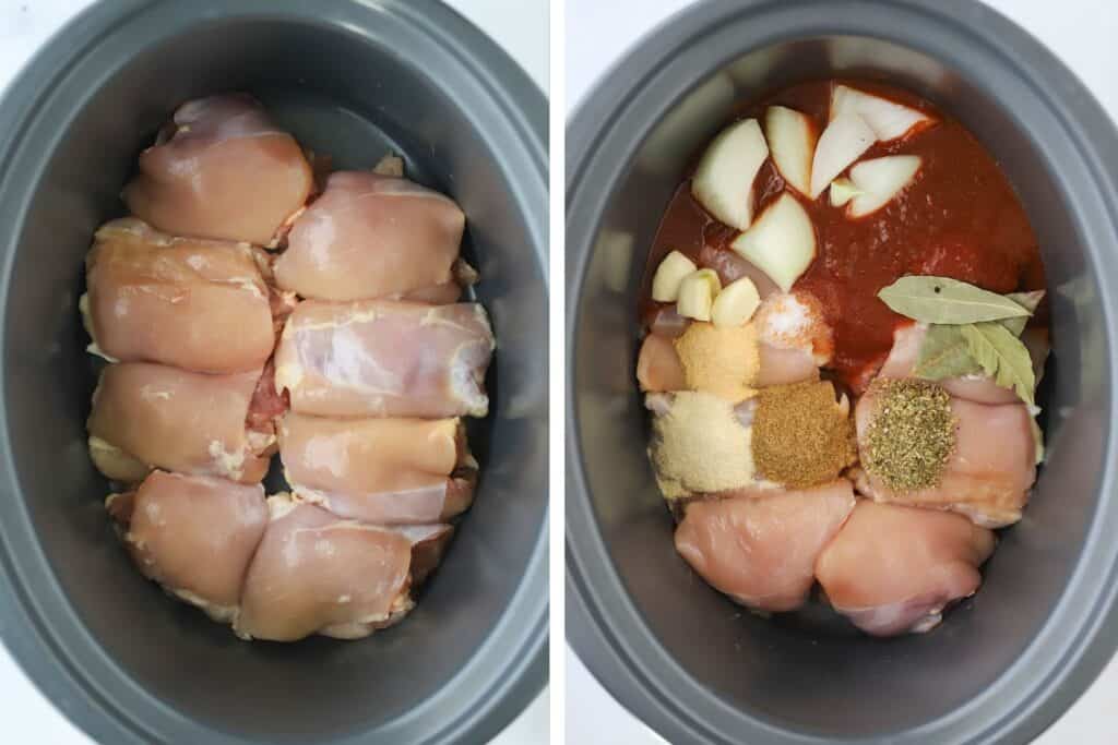 A slow cooker with chicken thighs and spices.