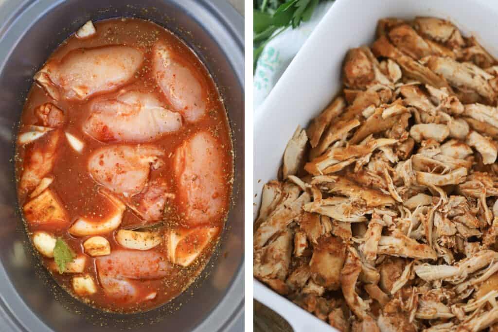 Birria chicken in a slow cooker with shredded chicken.