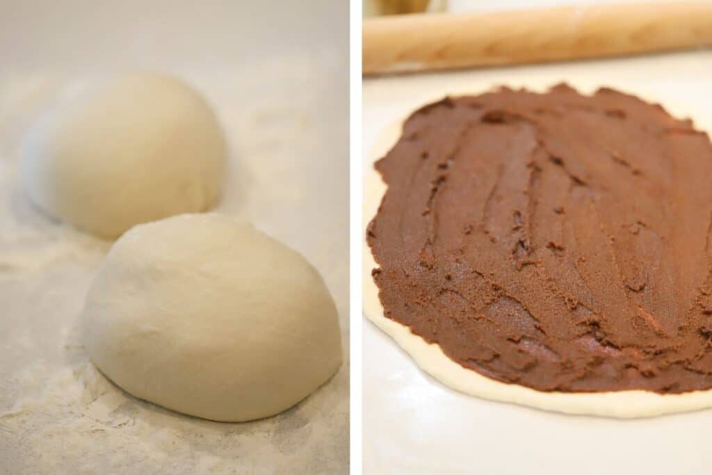 A roll of dough that has been rolled out and topped with cinnamon and brown sugar.