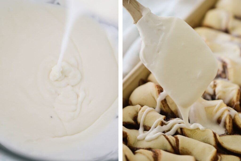 A bowl full of icing with a hand drizzling it over the top.