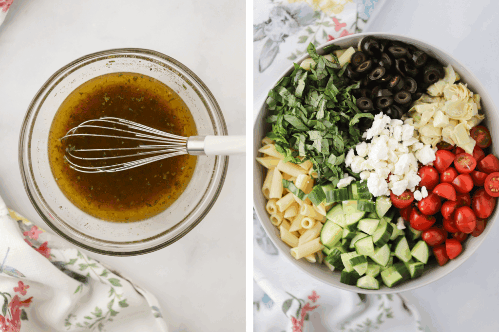 Whisking together the dressing for this greek pasta salad.